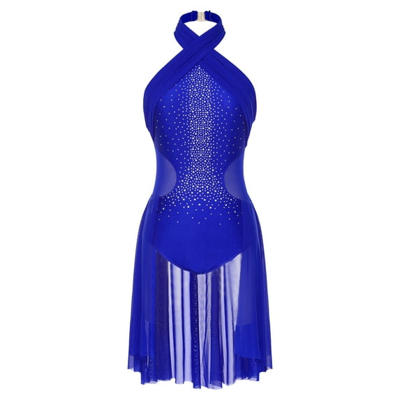 iiniim Women's Lyrical Ballet Leotard Sleeveless Halter Neck Flowy Skirt Dress Modern Contemporary Dancewear Blue XL