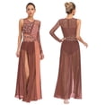 thumbnail image 1 of iiniim Women Lyrical Dress Elegant Modern Contemporary Dance Sparkly Flowy Mesh Tulle Split Long Skirt Dusty Pink&Orange XL, 1 of 6