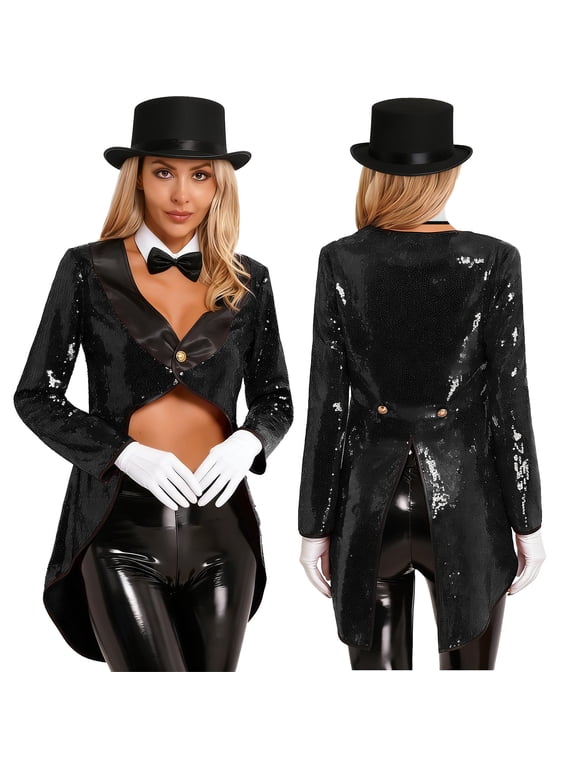 Women Magician Cosplay Sequin Tailcoat Circus Showman One-Button Tuxedo Jacket Outfits Black M