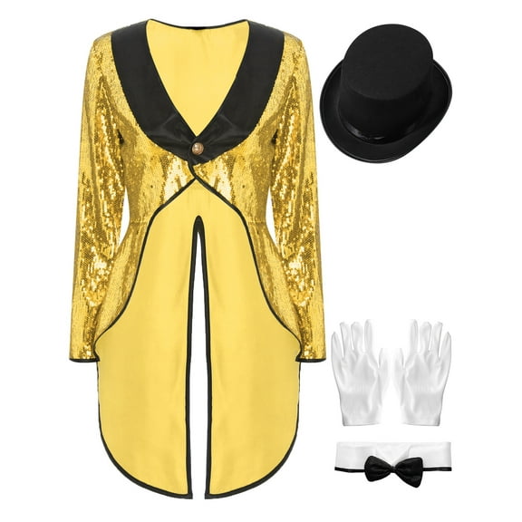 iiniim Women Magician Cosplay Costume Sequin Tailcoat Circus Showman One-Button Tuxedo Jacket Outfits Gold XXL