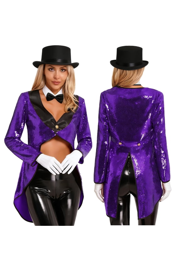 Women Magician Cosplay Costume Sequin Tailcoat Circus Showman One-Button Tuxedo Jacket Outfits Purple M
