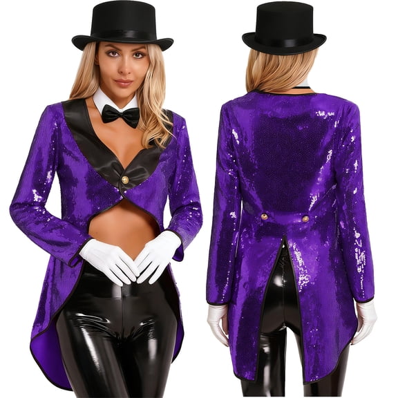 iiniim Women Magician Cosplay Costume Sequin Tailcoat Circus Showman One-Button Tuxedo Jacket Outfits Purple S