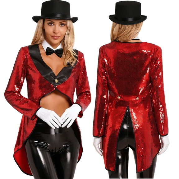 iiniim Women Magician Cosplay Sequin Tailcoat Circus Showman One-Button Tuxedo Jacket Outfits Red S