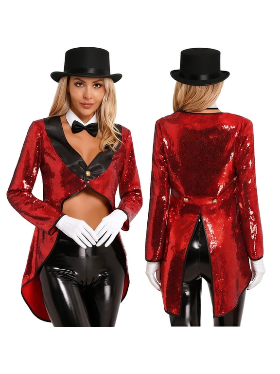 Women Magician Cosplay Sequin Tailcoat Circus Showman One-Button Tuxedo Jacket Outfits Red XL