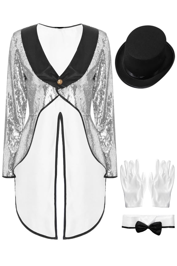 Women Magician Cosplay Costume Sequin Tailcoat Circus Showman One-Button Tuxedo Jacket Outfits Silver XXL