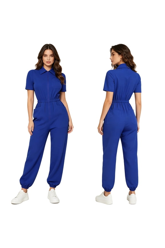 Women Mechanic Jumpsuit Zipper Front One Piece Scrubs Medical Nursing Uniform One-piece Overalls Blue M