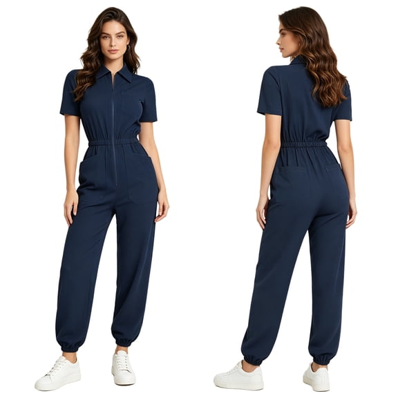 iiniim Women Mechanic Jumpsuit Zipper Front One Piece Scrubs Medical Nursing Uniform One-piece Overalls Navy Blue S