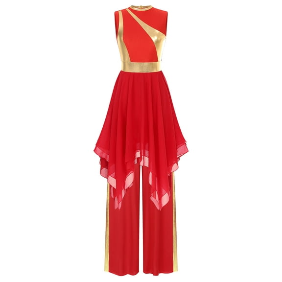 iiniim Women Metallic Color Block Dance Dress and Pants Modern Lyrical Dancewear Red 3XL