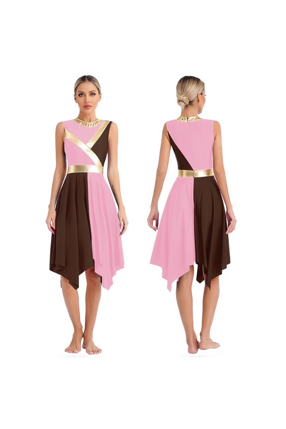 Women Metallic Color Block Dancewear Sleeveless Asymmetrical Hem Dance Dress Pink&Brown S