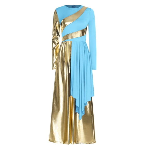 iiniim Women Metallic Liturgical Praise Dance Costume Loose Fit Wide-Leg Choir Jumpsuit Worship Dancewear Light Blue M