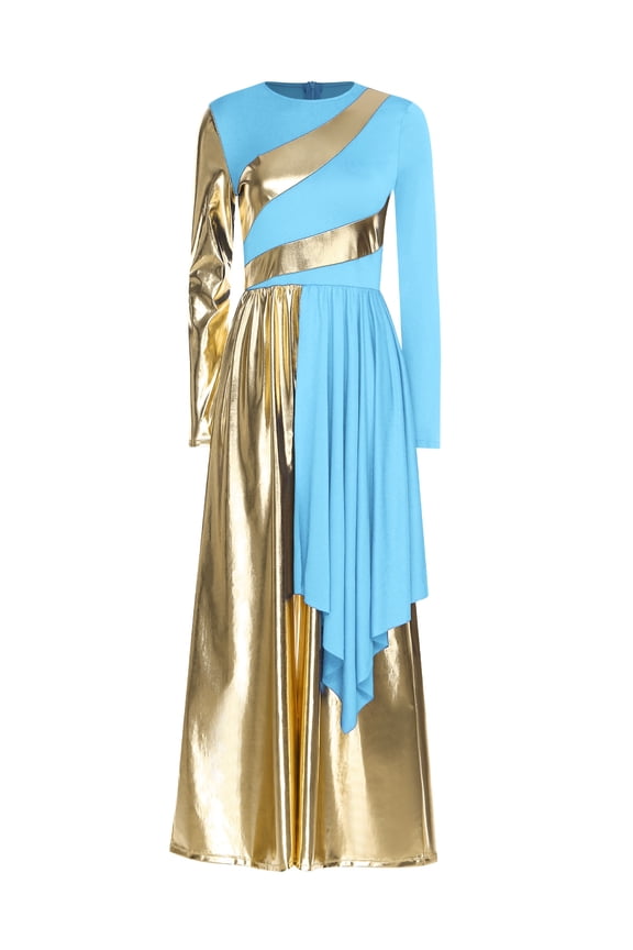 Women Metallic Liturgical Praise Dance Costume Loose Fit Wide-Leg Choir Jumpsuit Worship Dancewear Light Blue M