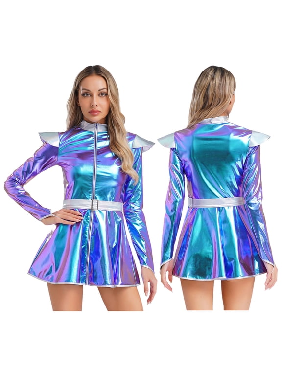 Women Metallic Shiny Cosplay Costume A-line Dress Astronaut Fancy Dress Outfits Blue M