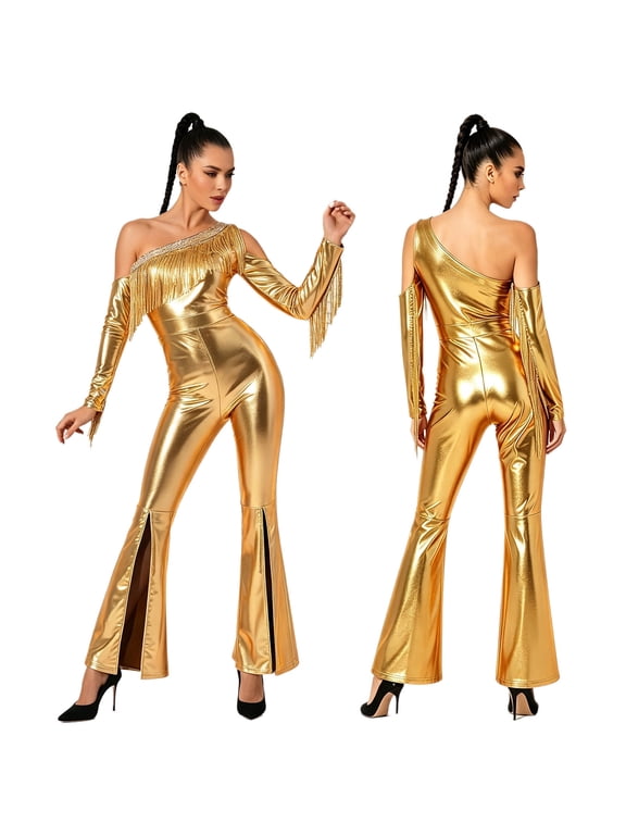 Women Metallic Shiny Disco Flare Jumpsuit with Sequin Tassels One Shoulder Cold Shoulder Long Sleeve Bell Bottoms Bodysuit Clubwear Gold S