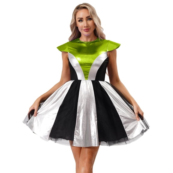 iiniim Women Outer Space Flight Outfit Shiny Metallic Sleeveless Dress Halloween Alien Costume Fluorescent Green L