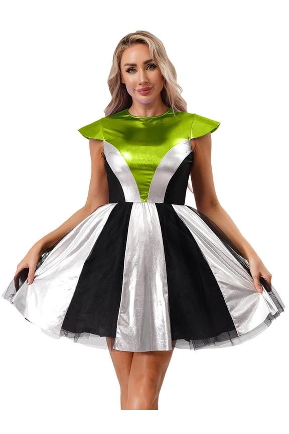 Women Outer Space Flight Outfit Shiny Metallic Sleeveless Dress Halloween Alien Costume Fluorescent Green S