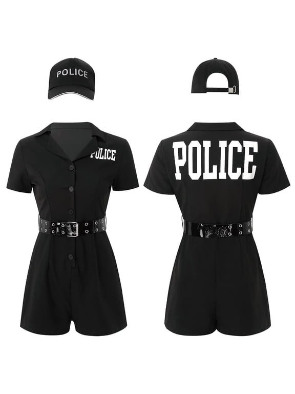 Women Police Halloween Cosplay Short Sleeve Jumpsuits with Hat and Belt Black M