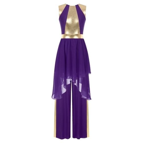 iiniim Women Praise Dance Costumes 2 Piece Metallic Gold Dress And Pants for Celebration of Spirit Purple XL