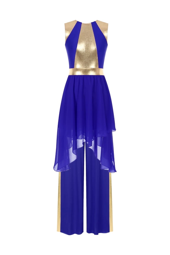 Women Praise Dance Costumes 2 Piece Metallic Gold Dress And Pants for Celebration of Spirit Royal Blue L
