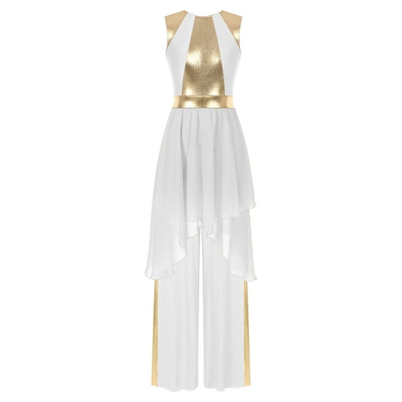 iiniim Women Praise Dance Costumes 2 Piece Metallic Gold Dress And Pants for Celebration of Spirit White XXL