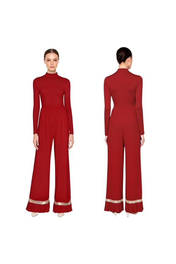 Women Praise Dance Jumpsuit Worship Shiny Sequin Wide Leg Romper Liturgical Dancewear Burgundy XXL