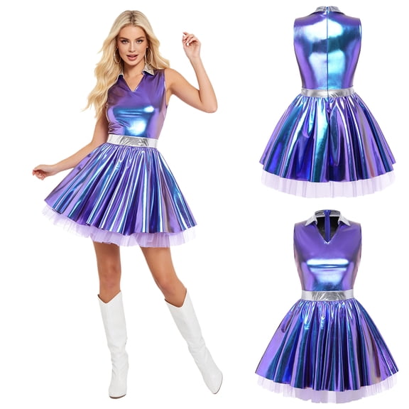 iiniim Women Rave High Waist Shiny Metallic 80s Holographic Dress Space Astronaut Clothings for Cosplay Blue S