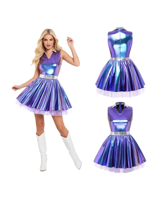 Women Rave High Waist Shiny Metallic 80s Holographic Dress Space Astronaut Clothings for Cosplay Blue S