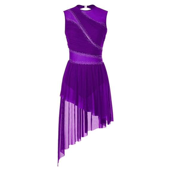 iiniim Women Rhinestone Lyrical Dance Dress Irregular Flowy Tulle Skirt Leotard Figure Ice Skating Dancewear Purple XL
