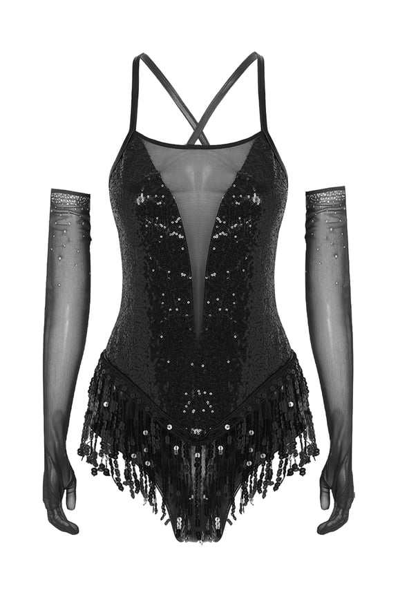 Women Sequin Ballroom Latin Jazz Dance Leotard with Gloves Spaghetti Strap Tassel Performance Bodysuit Black L
