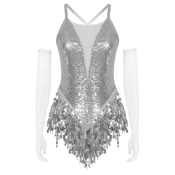 iiniim Women Sequin Ballroom Latin Jazz Dance Leotard with Gloves Spaghetti Strap Tassel Performance Bodysuit Silver S