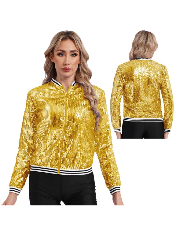 Women Sequin Jackets Flip Glitter Varsity Bomber Sparkly Coat Party Outwear Ladies Shiny Gold 16