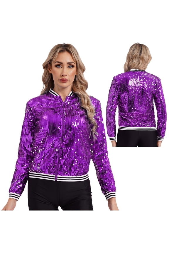 Women Sequin Jackets Flip Glitter Varsity Bomber Sparkly Coat Party Outwear Ladies Shiny Purple 14