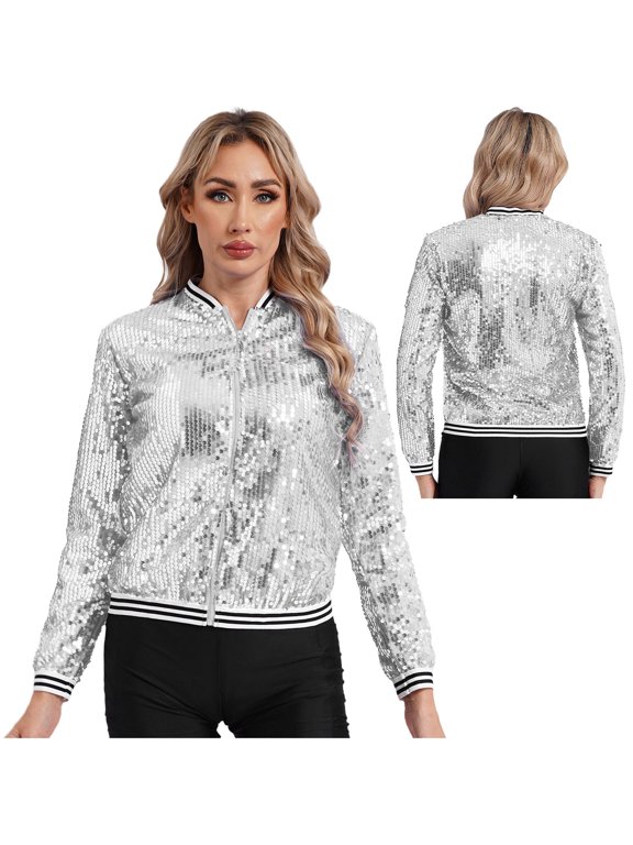 Women Sequin Jackets Flip Glitter Varsity Bomber Sparkly Coat Party Outwear Ladies Shiny Silver 14