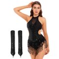 thumbnail image 1 of iiniim Women Sequin Latin Dance Outfits Sleeveless Fringed Ballroom Leotard with Gloves Salsa Tango Dancewear Black L, 1 of 7