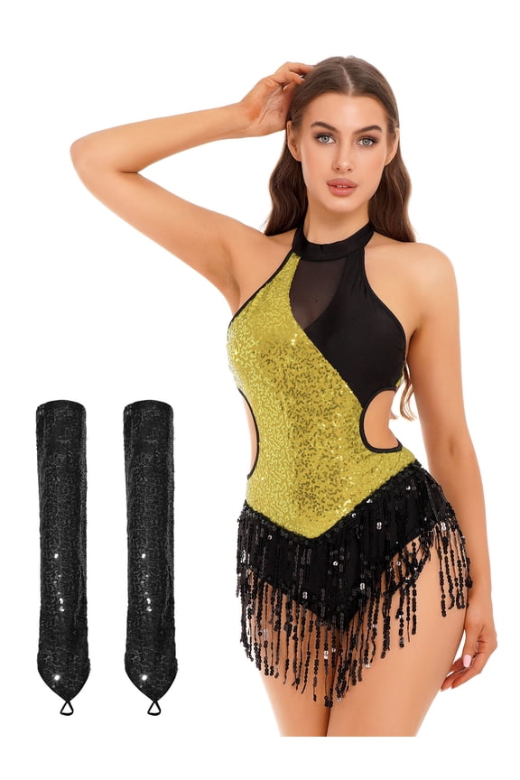 Women Sequin Latin Dance Outfits Sleeveless Fringed Ballroom Leotard with Gloves Salsa Tango Dancewear Gold XXL