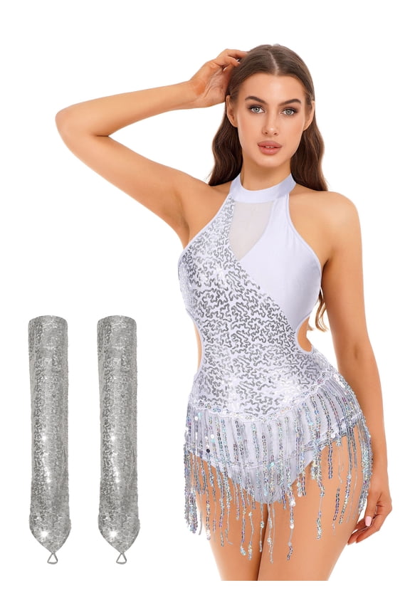 Women Sequin Latin Dance Outfits Sleeveless Fringed Ballroom Leotard with Gloves Salsa Tango Dancewear Silver M