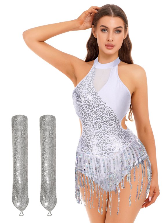Women Sequin Latin Dance Outfits Sleeveless Fringed Ballroom Leotard with Gloves Salsa Tango Dancewear Silver XL