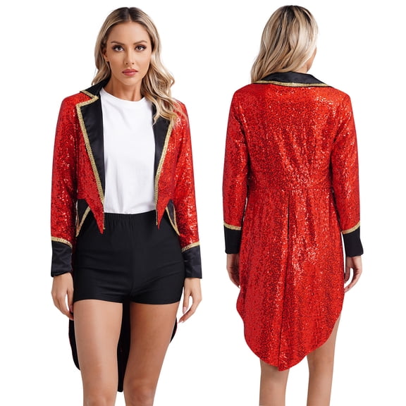 iiniim Women Sequin Magician Dress Circus Ringmaster Steampunk Tailcoat Jacket Halloween Costume Red M