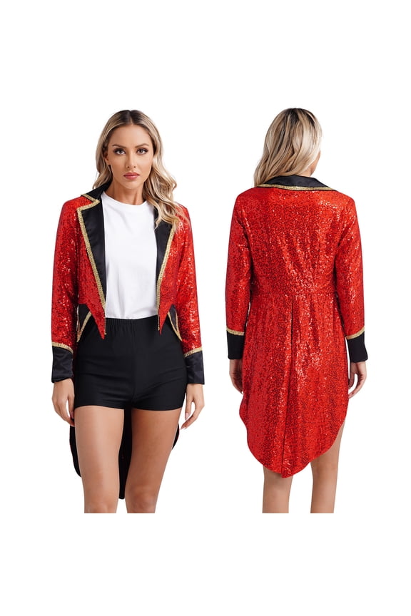 Women Sequin Magician Dress Circus Ringmaster Steampunk Tailcoat Jacket Halloween Costume Red XL