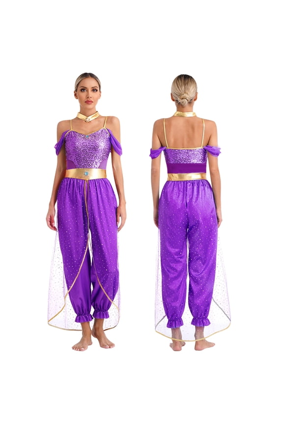 Women Sequin Romper with Metallic Shiny Choker Collar Princess Belly Dance Purple 3XL