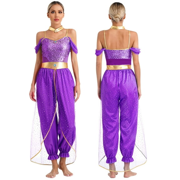 iiniim Women Sequin Romper with Metallic Shiny Choker Collar Princess Belly Dance Purple S