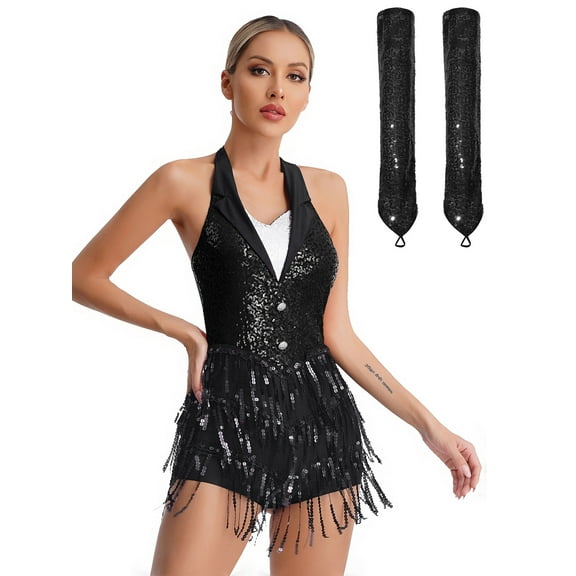 iiniim Women Sequins Latin Dance Outfits Sleeveless Tassel Leotard Fringed Tango Salsa Dance Dress with Gloves Black S
