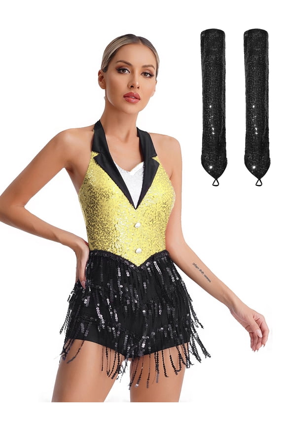 Women Sequins Latin Dance Outfits Sleeveless Tassel Leotard Fringed Tango Salsa Dance Dress with Gloves Yellow S