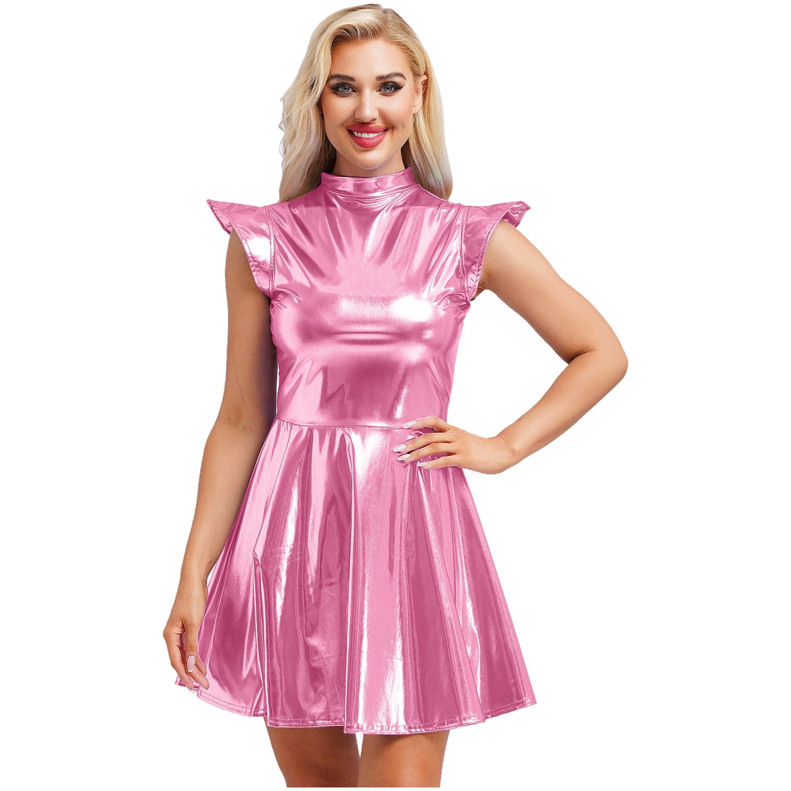 iiniim Women Shiny Metallic Holographic High Waisted Flare Skater Dress Carnival Party Pink L