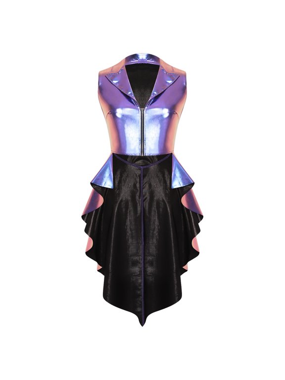 Women Shiny Metallic Zipper Front Open Front Tops Vest Party Blue S
