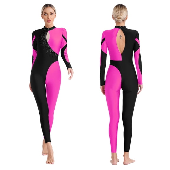 iiniim Women Shiny Rhinestone Gymnastics Leotard Unitard Full Length Figure Ice Skating Jumpsuit Hot Pink XL