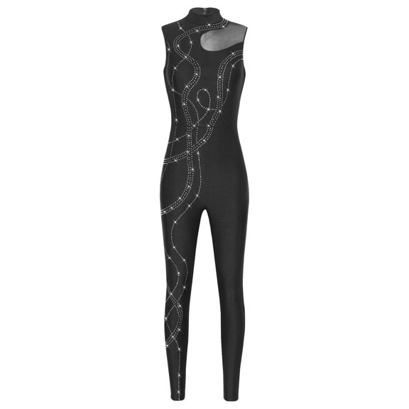iiniim Women Shiny Rhinestone Gymnastics Leotard Unitard Full Length Sleeveless Figure Ice Skating Jumpsuit Black L