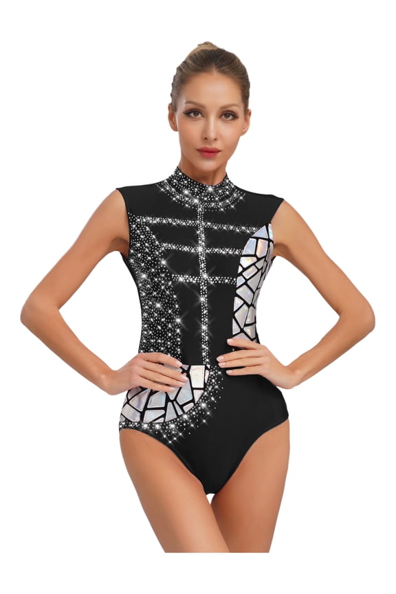 Women Shiny Rhinestones Gymnastics Dance Leotard Sleeveless Cutout Back Metallic Figure Skating Bodysuit Black L
