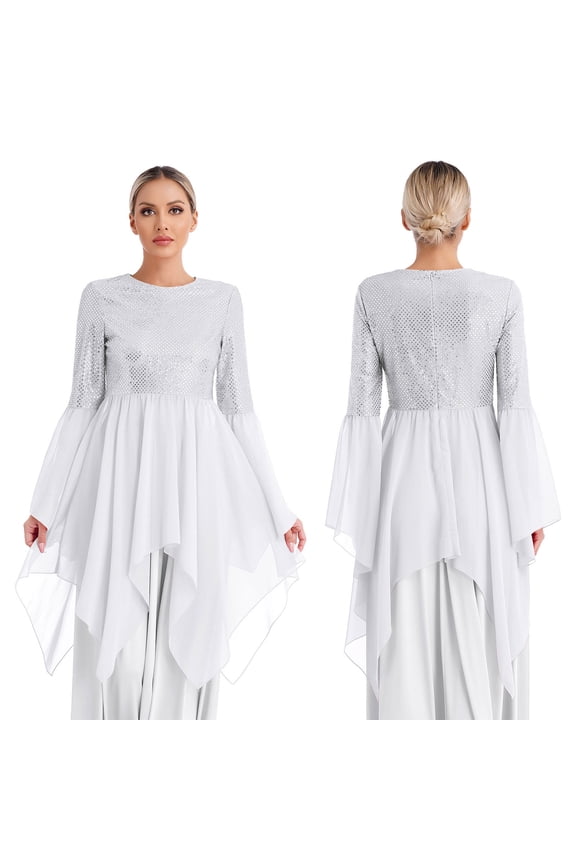Women Shiny Sequins Patchwork High Low Praise Dance Dress Clothes A White XXL