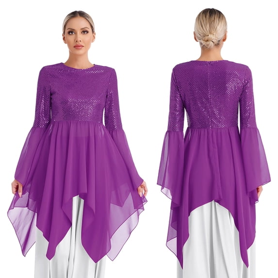 iiniim Women Shiny Sequins Patchwork High Low Praise Dance Dress Clothes Purple XL