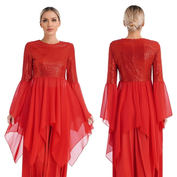 iiniim Women Shiny Sequins Patchwork High Low Praise Dance Dress Clothes Red XXL